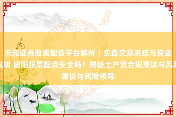 天元证券股票配资平台解析｜实盘交易系统与资金安全说明 德阳股票配资安全吗？揭秘土产货合规渠谈与风险领导